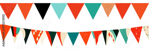 Free Download Colorful Bunting with Triangular Flags in Red, Black, Teal, and Orange - Festive Party Garland, Retro Celebration Banner with Geometric Shapes on Transparent Background - GFXLoad