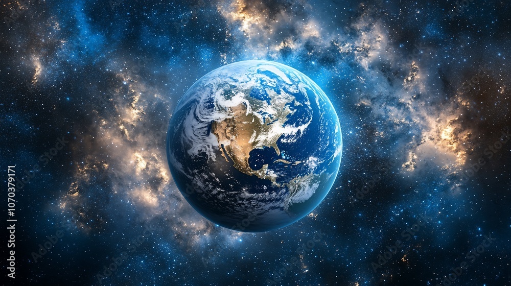 A vibrant blue and green Earth, centered against a backdrop of swirling nebulas and twinkling stars. A vibrant blue and green Earth, centered against a backdrop of swirling nebulas and twinkling stars.