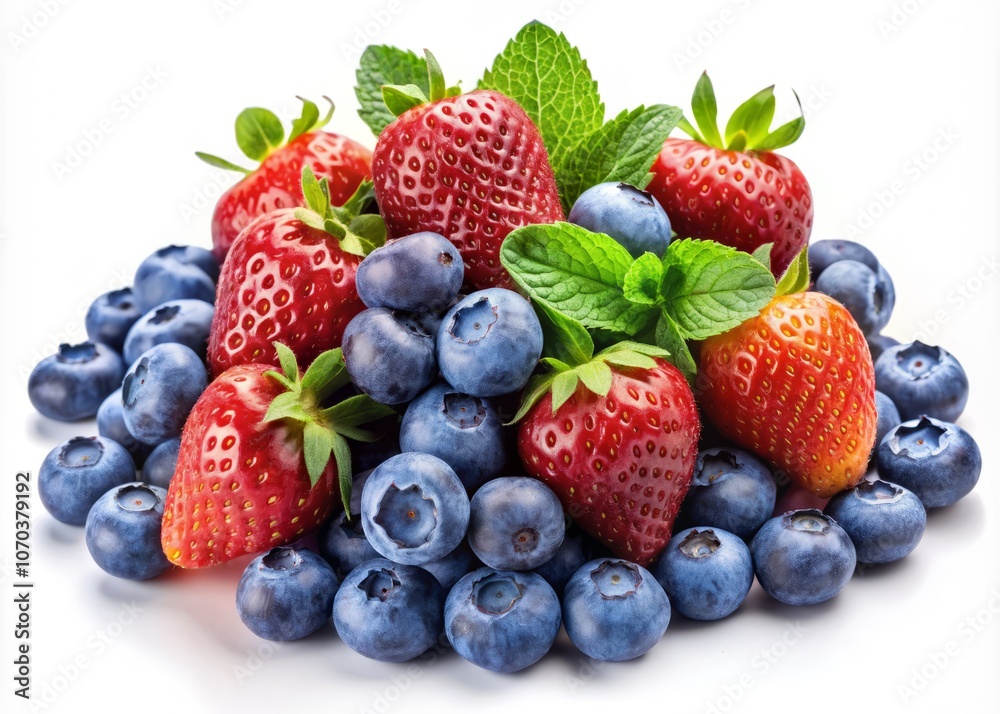 Fresh Blueberry and Strawberry Fruits Isolated on White Background - Perfect for Healthy Eating, Smoothie Recipes, and Dessert Presentations in Stock Photography Fresh Blueberry and Strawberry Fruits Isolated on White Background - Perfect for Healthy Eating, Smoothie Recipes, and Dessert Presentations in Stock Photography