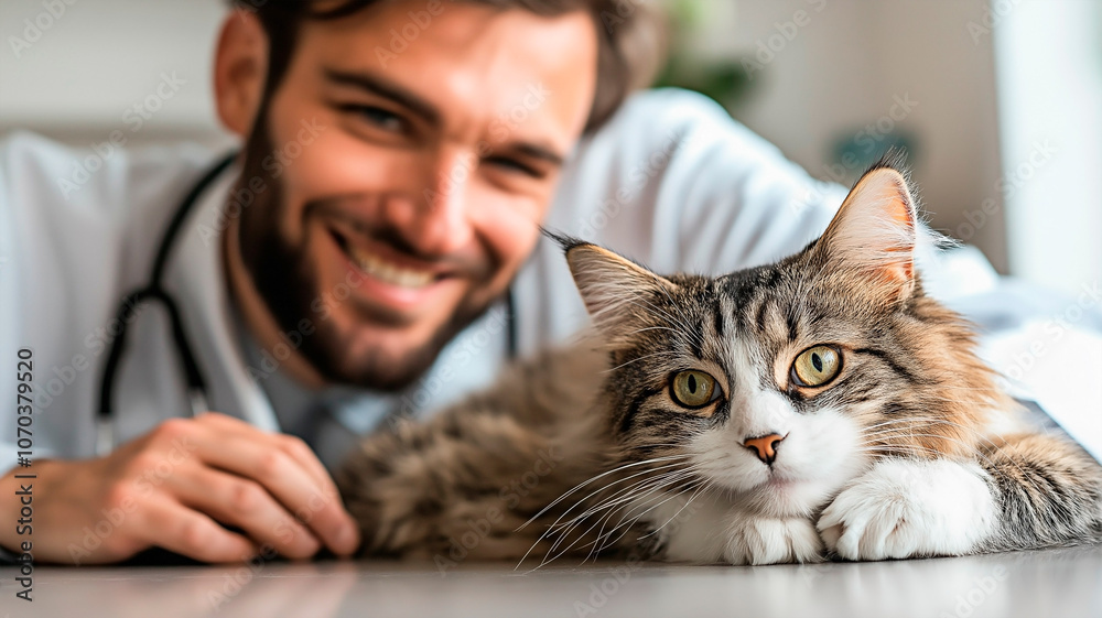 Smiling veterinarian with a relaxed cat at checkup. Happy vet with cat in clinic showing friendly care. Smiling veterinarian with a relaxed cat at checkup. Happy vet with cat in clinic showing friendly care.