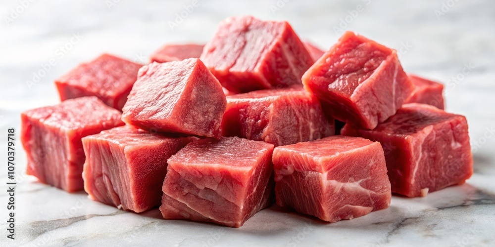 Freshly Cut Meat Cubes on a Clean White Background with Raw Beef, Perfect for Culinary and Butcher Shop Photography, Showcasing Quality and Texture of Meat Freshly Cut Meat Cubes on a Clean White Background with Raw Beef, Perfect for Culinary and Butcher Shop Photography, Showcasing Quality and Texture of Meat