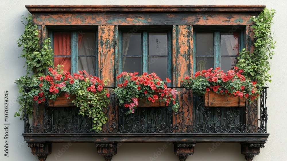 Wooden window with iron railings and flower boxes, isolated on a white background. Wooden window with iron railings and flower boxes, isolated on a white background.