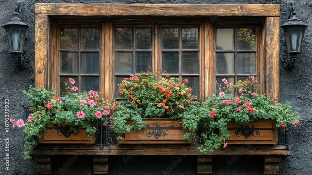 Wooden window with iron railings and flower boxes, isolated on a white background. Wooden window with iron railings and flower boxes, isolated on a white background.