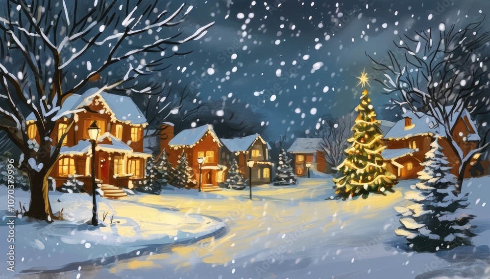 Fototapeta premium Weihnachtliche Dorfidylle mit schneebedeckten Häusern, beleuchtetem Weihnachtsbaum und friedlicher Winternacht – perfekt für eine stimmungsvolle Grußkarte. Generative KI