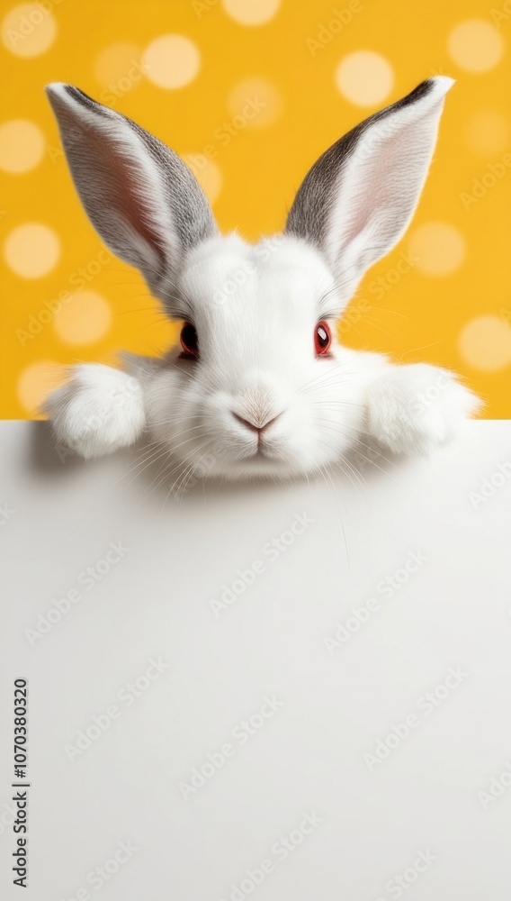 Obraz premium A white rabbit with large ears over a blank copy space white sign, set against a vibrant yellow bokeh background. Easter template background
