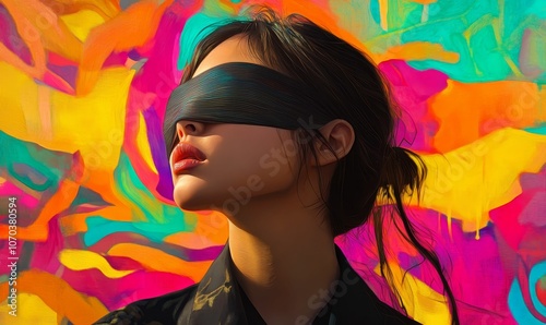 Blindfolded woman against colorful abstract background.