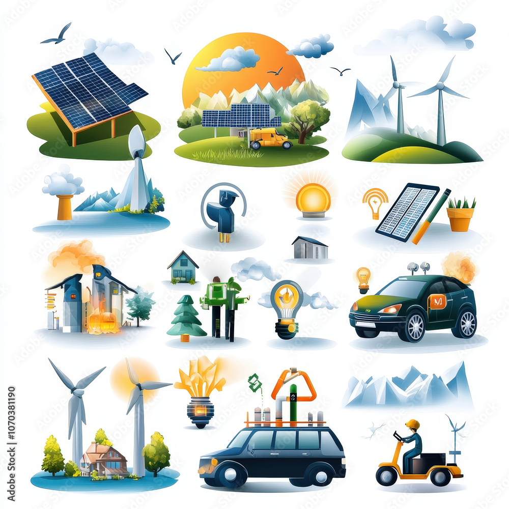 Obraz premium Innovative renewable energy concepts are depicted in this vibrant illustration, showcasing solar panels, wind turbines, and eco friendly vehicles. imagery conveys hopeful vision for sustainable