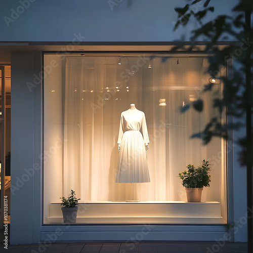 A street view of a store with an elegant window display, all in soft beige tones. The aesthetic, minimalistic design highlights the wine bottles, creating a warm and inviting atmosphere. photo