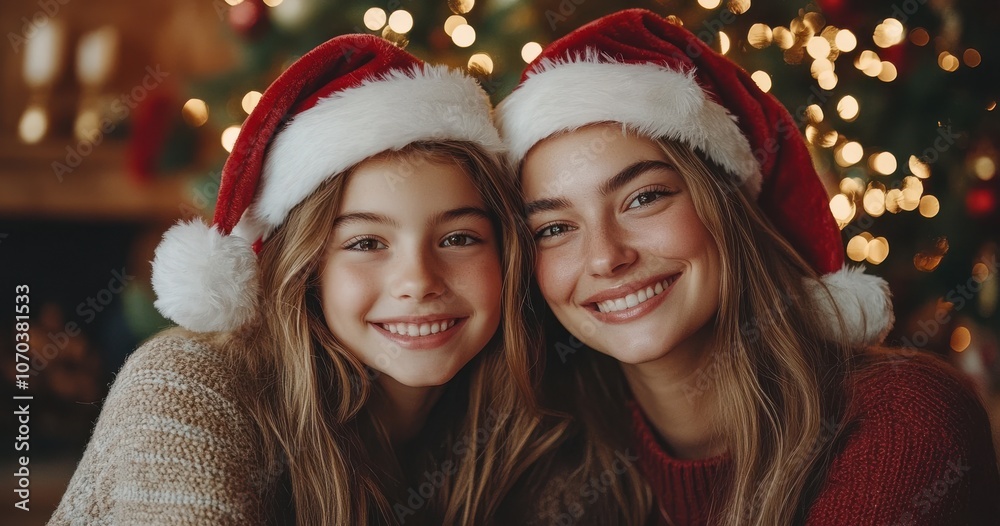 Happy mother and daughter in Santa hats celebrating Christmas together with joy and love Happy mother and daughter in Santa hats celebrating Christmas together with joy and love
