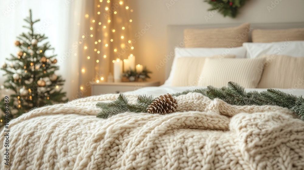 Christmas decor on the bedside table near the bed in the bedroom Christmas decor on the bedside table near the bed in the bedroom