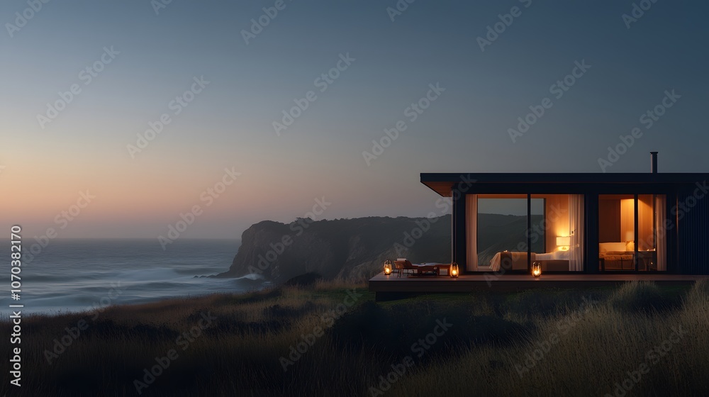 Small Coastal Home at Night with Lights Softly Glowing – A Peaceful and Cozy Seaside Retreat in a Serene Evening Setting