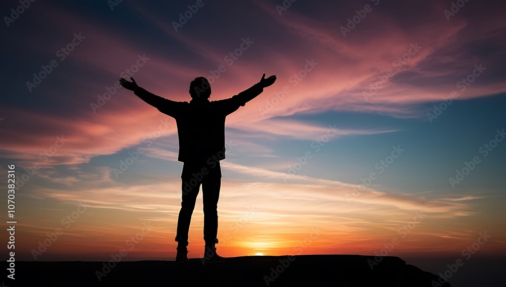 Silhouette of a Man with Arms Raised Against a Sunset Sky Silhouette of a Man with Arms Raised Against a Sunset Sky