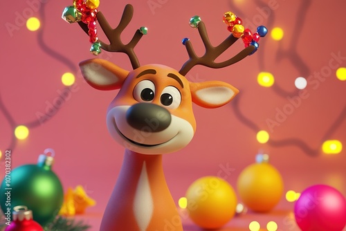 Cheerful reindeer with festive lights and ornaments, holiday vib photo