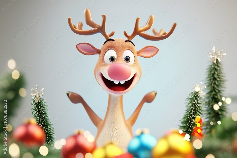 Fototapeta premium Happy reindeer with Christmas balls and trees