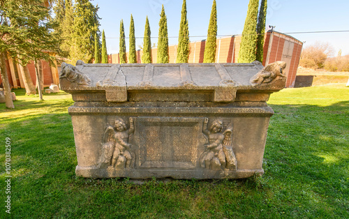 Ancient Roman and Greek sarcophagus discovered during the excavations of the ancient city of Aphrodisias in Turkey. The city was dedicated to the goddess Aphrodite.