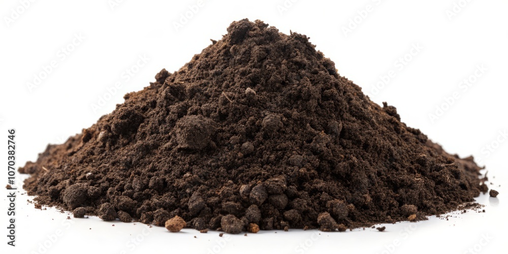 High Depth of Field Image of a Pile of Rich, Dark Dirt Soil Isolated on a Clean White Background for Gardening, Landscaping, and Environmental Concepts High Depth of Field Image of a Pile of Rich, Dark Dirt Soil Isolated on a Clean White Background for Gardening, Landscaping, and Environmental Concepts