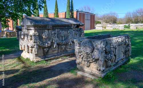 Ancient Roman and Greek sarcophagus discovered during the excavations of the ancient city of Aphrodisias in Turkey. The city was dedicated to the goddess Aphrodite.