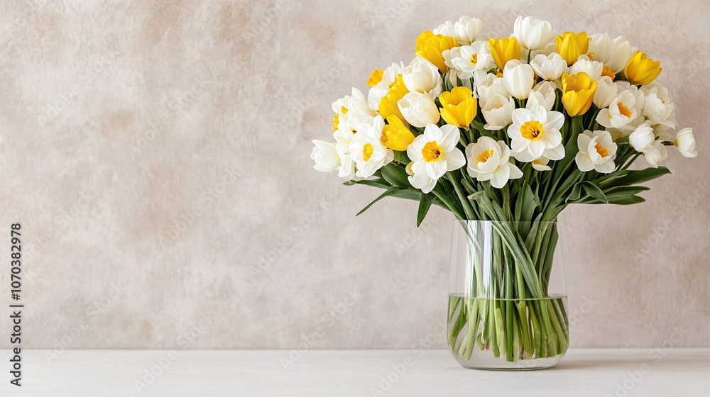 Bouquet of spring yellow and white tulips in a glass vase on a plain background with copy space Bouquet of spring yellow and white tulips in a glass vase on a plain background with copy space