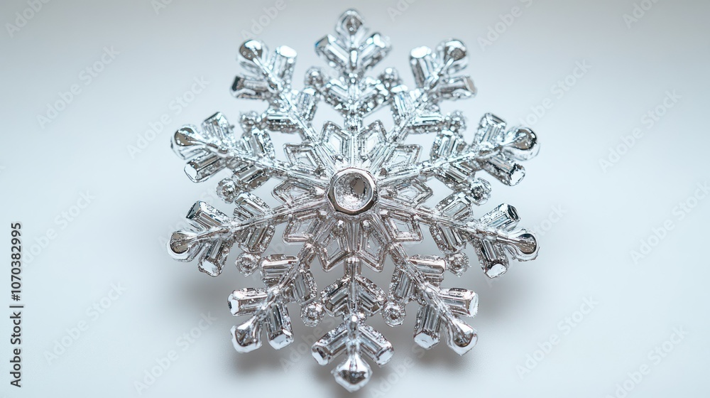 Fototapeta premium A shimmering silver snowflake decoration with delicate patterns, standing out on a white background.
