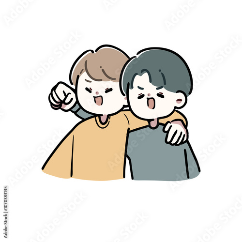 笑顔で肩を組む2人の男性