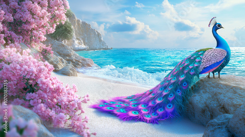 a beautiful peacock walking at a location near a bank of sea.