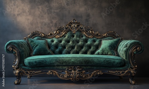 Victorian-style classic sofa with intricate wood carvings and velvet upholstery, royal and elegant, 3D illustration photo