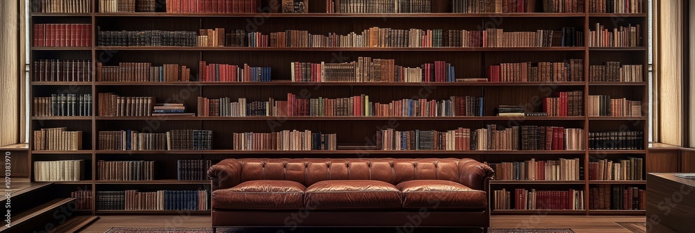 Classic leather sofa in front of a large wooden bookcase with variety of books in library, nobody Classic leather sofa in front of a large wooden bookcase with variety of books in library, nobody