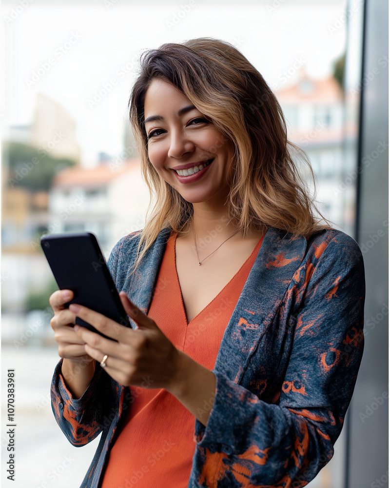 A smiling woman with highlighted wavy hair, wearing an orange top and patterned blue blazer, holds her smartphone in a modern setting with a city view, radiating positivity and engagement. A smiling woman with highlighted wavy hair, wearing an orange top and patterned blue blazer, holds her smartphone in a modern setting with a city view, radiating positivity and engagement.