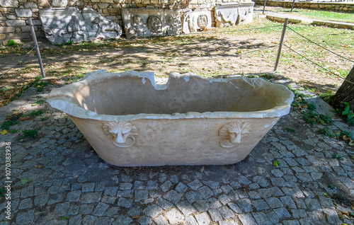 Ancient Roman and Greek sarcophagus discovered during the excavations of the ancient city of Aphrodisias in Turkey. The city was dedicated to the goddess Aphrodite.