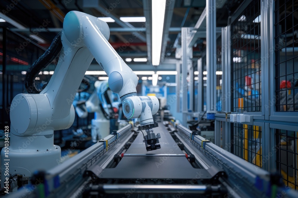 Robotic arm working over assembly line in modern factory Robotic arm working over assembly line in modern factory