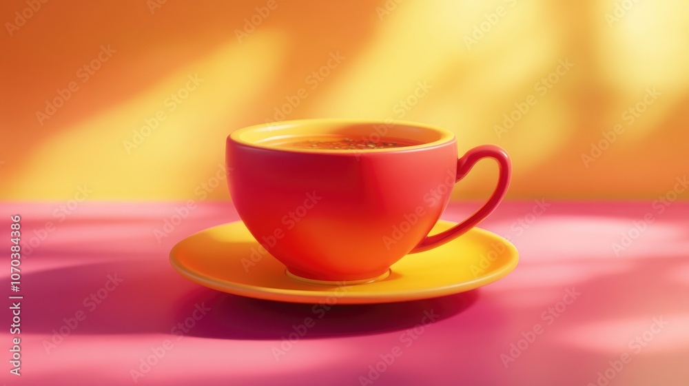 Fototapeta premium Herbal tea infused with pepper and turmeric in a vibrant red cup paired with a yellow saucer perfect for promoting a healthy lifestyle