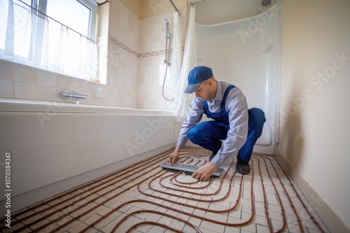 Plumber installing underfloor heating system in bathroom