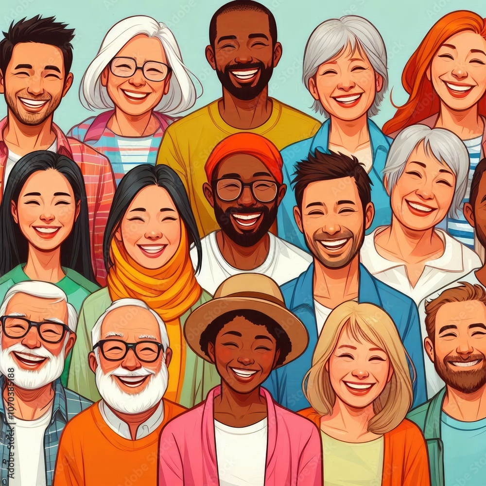 Diverse group of people smiling: This emphasizes the idea that kindness knows no boundaries.. illustration Diverse group of people smiling: This emphasizes the idea that kindness knows no boundaries.. illustration