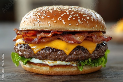 Delicious burger with egg, bacon, cheese, and sauce dripping on a sesame seed bun