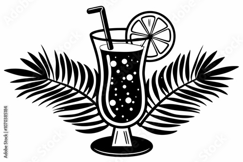 Refreshing Drink Illustration with Tropical Leaves and Citrus Slice. Stylish Black and White Cocktail Illustration with Citrus Slice and Leaves. Mocktail silhouette linocut vector art illustration. 