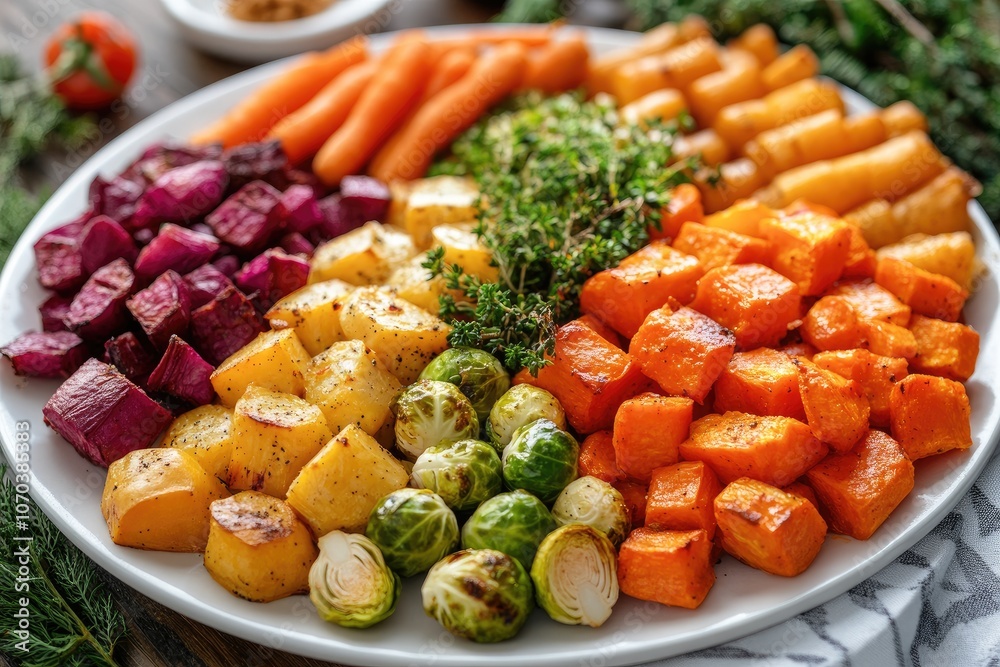 Roasted vegetables platter with thyme garnished for christmas dinner Roasted vegetables platter with thyme garnished for christmas dinner