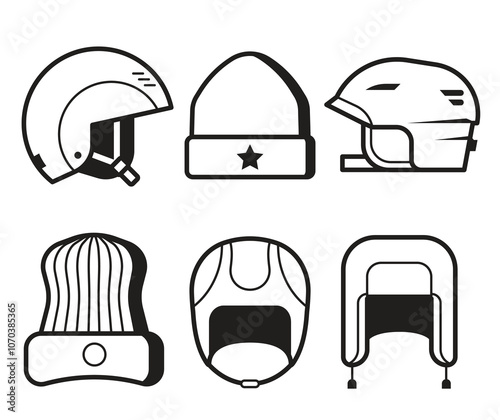 Winter Sports Hats and Helmets in Line Art