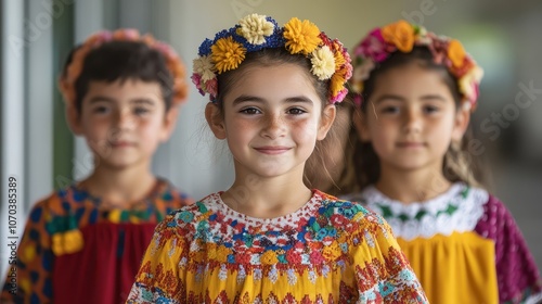 Group of diverse children wearing traditional cultural costumes and attire engaged in an educational activity that promotes understanding appreciation and of diversity in a school setting