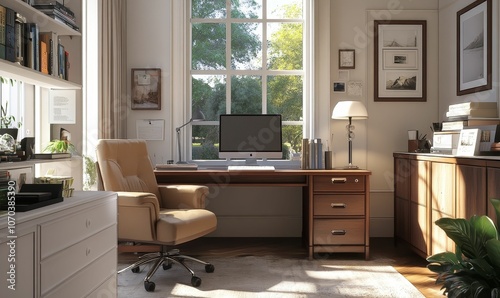 Home office with large window and desk.