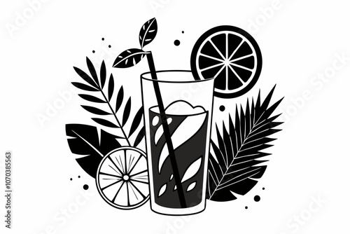 Refreshing Drink Illustration with Tropical Leaves and Citrus Slice. Stylish Black and White Cocktail Illustration with Citrus Slice and Leaves. Mocktail silhouette linocut vector art illustration. 