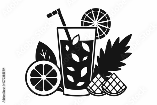 Refreshing Drink Illustration with Tropical Leaves and Citrus Slice. Stylish Black and White Cocktail Illustration with Citrus Slice and Leaves. Mocktail silhouette linocut vector art illustration. 