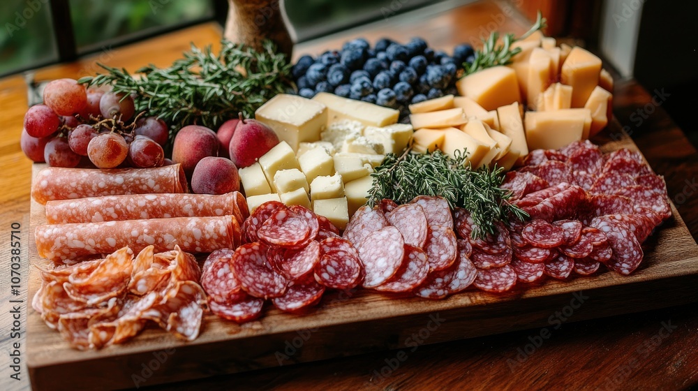 A wooden serving board with an assortment of cheeses, meats, grapes, and blueberries.