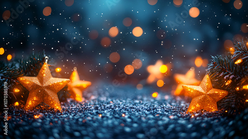 Golden stars with beautiful bokeh in night time for celebration merry Christmas and happy new year  concept  ,Photo by AI generative.