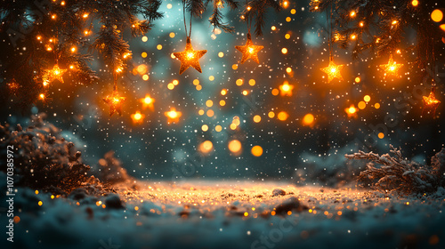 Golden stars with beautiful bokeh in night time for celebration merry Christmas and happy new year  concept  ,Photo by AI generative.