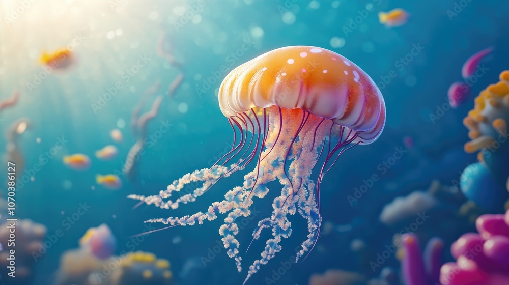 Fototapeta premium Graceful jellyfish swimming gracefully in the vibrant blue ocean capturing the beauty of marine life