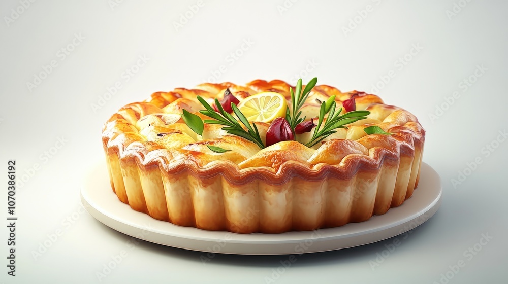 Homemade round pie filled with aromatic herbs showcasing fresh baked goods against a clean white background Homemade round pie filled with aromatic herbs showcasing fresh baked goods against a clean white background