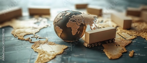 3D rendered import export logistics, world map, globe, visualizing global cargo transport 