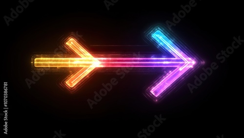 A colorful arrow made of glowing light beams, pointing right at the center on a black background he arrow forms an elegant and dynamic shape with a sense of motion and speed Generative AI . 