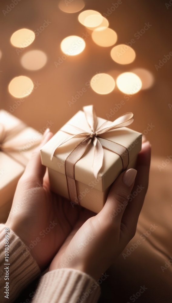 Female hands with beautiful gift box against bokeh background, closeup Female hands with beautiful gift box against bokeh background, closeup