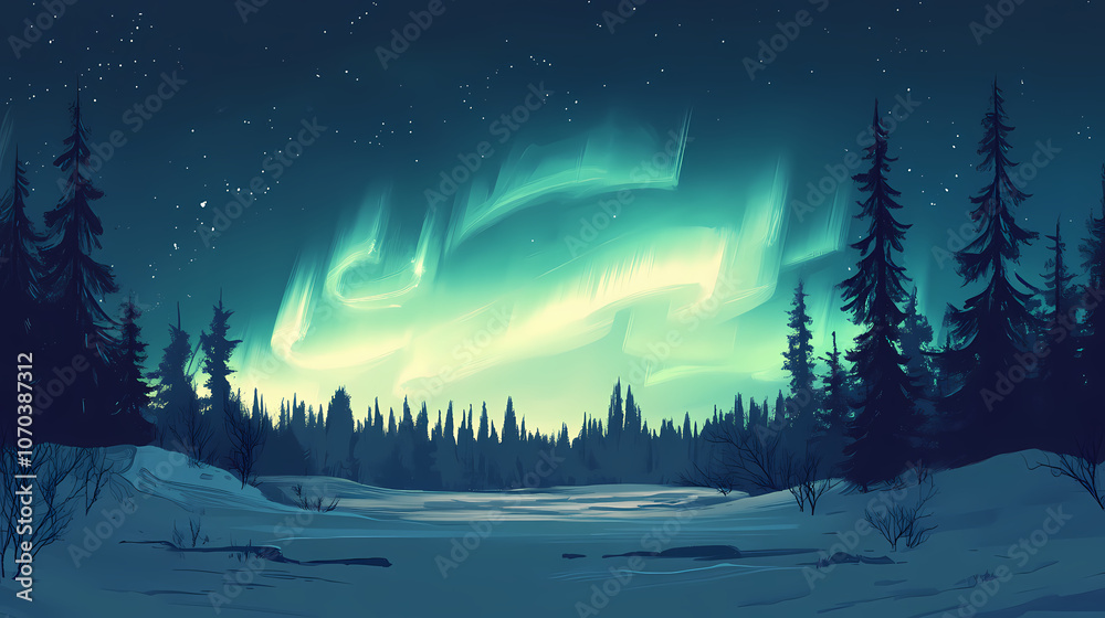 Fototapeta premium A majestic aurora borealis display illuminates the night sky above a snowy forest. Majestic. Illustration